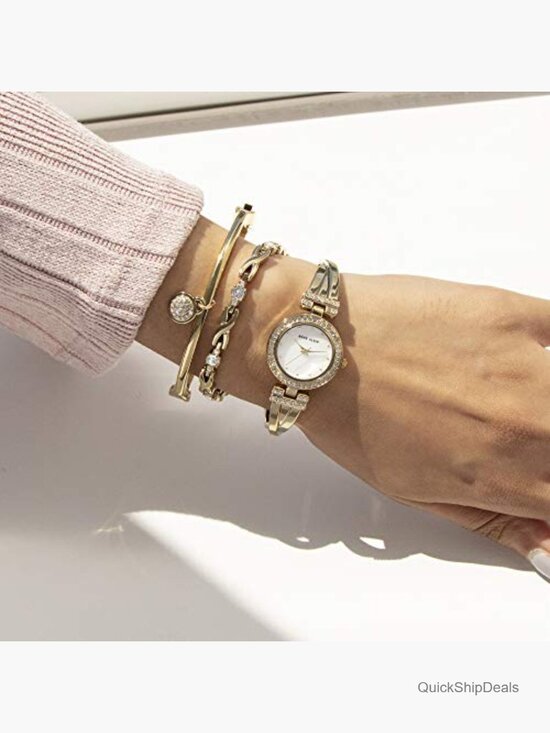 Gold-Tone Bangle Watch Set with Crystal Accents and Mother-of-Pearl Dial
